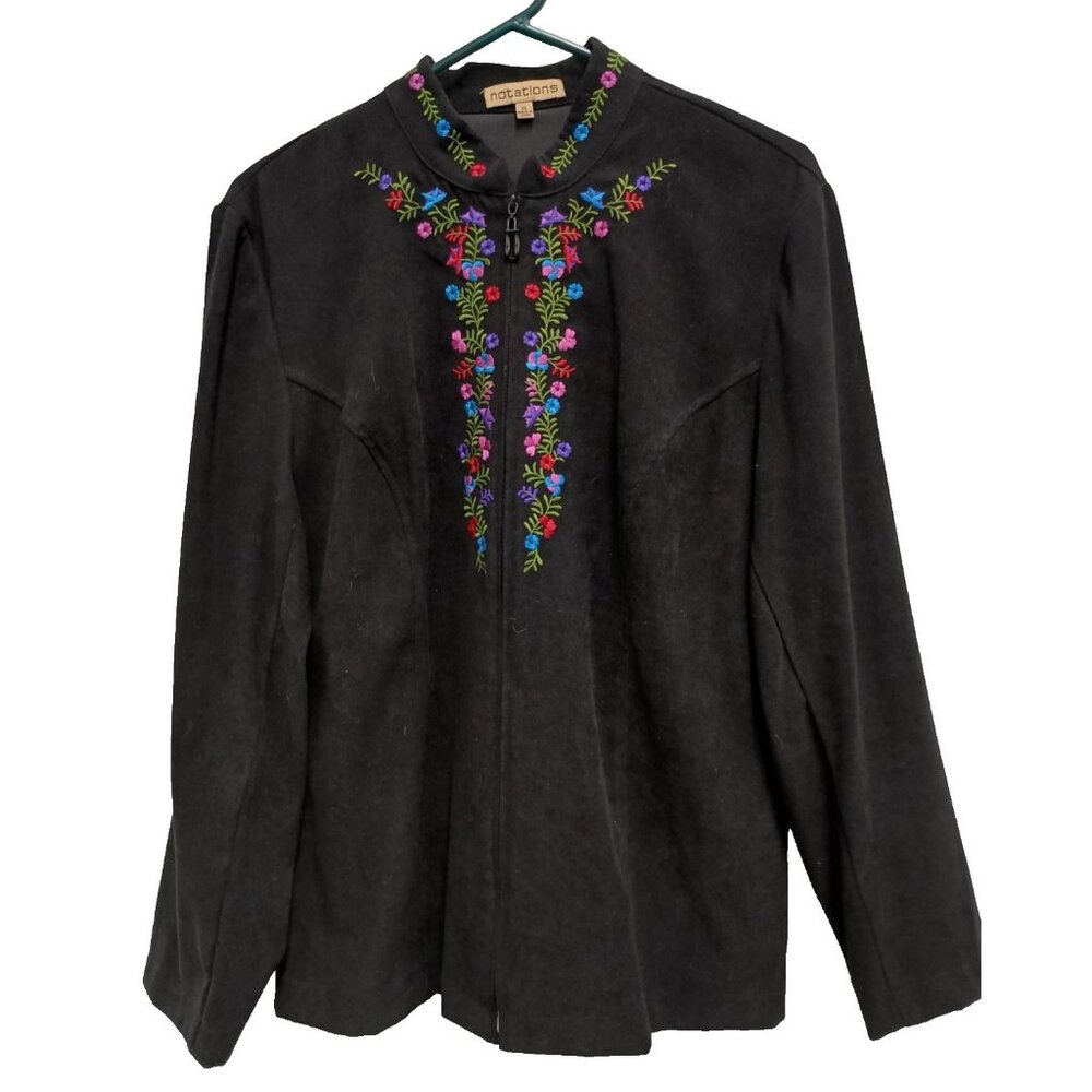 Y2K Notations BOHO Jacket Womens XL Black Faux Suede Embroidered Office Workwear